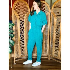 80s Vintage Teal Green Crinkle Relaxed Jumpsuit Button Up Indie Workwear Large